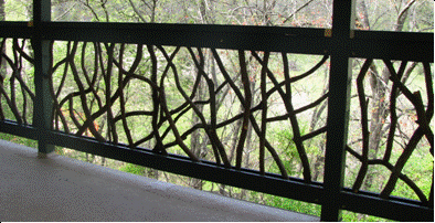 rustic wood mountain railings strike bold shadow lines