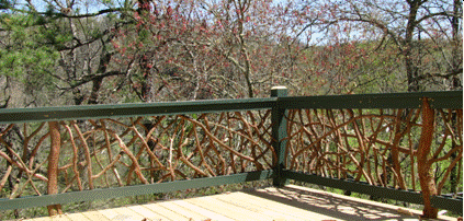 trees sprout from the deck in this rustic rail